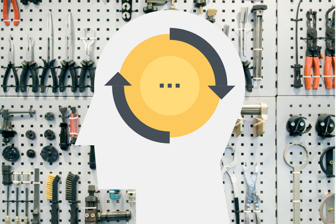 Shows a pegboard wall full of well organized tools. In front of it is a profile of a man with arrows pointing around a circle indicating his way of thinking is being transformed... ie. cultural transformation