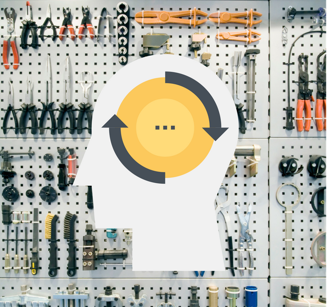 Shows a pegboard wall full of well organized tools. In front of it is a profile of a man with arrows pointing around a circle indicating his way of thinking is being transformed... ie. cultural transformation