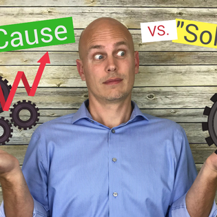 Tom holds a set of nicely fixed parts in one hand to demonstrate that the root cause of that problem had been found and addressed. In the other hand he holds a broken part with a bandage on it, demonstrating how putting a "bandage" on the problem is not nearly as productive as identifying the root cause and fixing the problem properly.