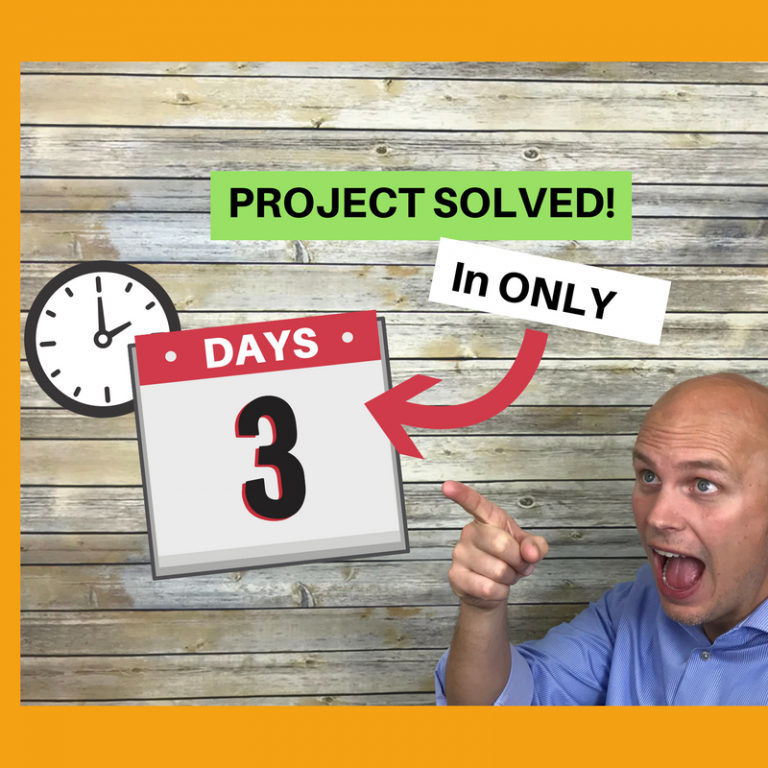 Tom is pointing to a calendar page with the number 3 on in it front of a clock and caption reads, "project solved in only 3 days"