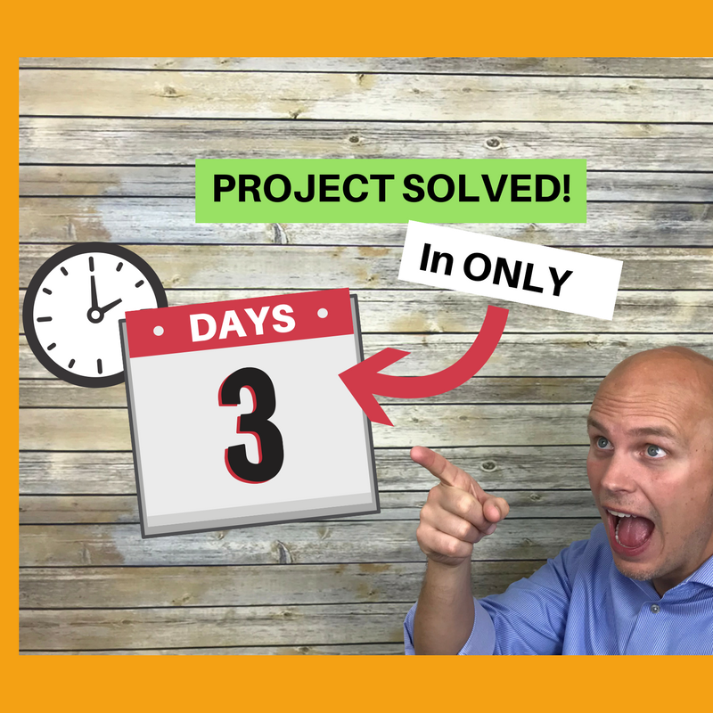 2 Tom is pointing to a calendar page with the number 3 on in it front of a clock and caption reads, "project solved in only 3 days"