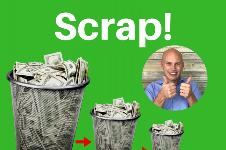 Shows 4 trash cans full of money. The first is huge, the second is smaller, the 3rd is smaller yet, and the 4th is very tiny. Shows that by reducing scrap your company will throw away less money!