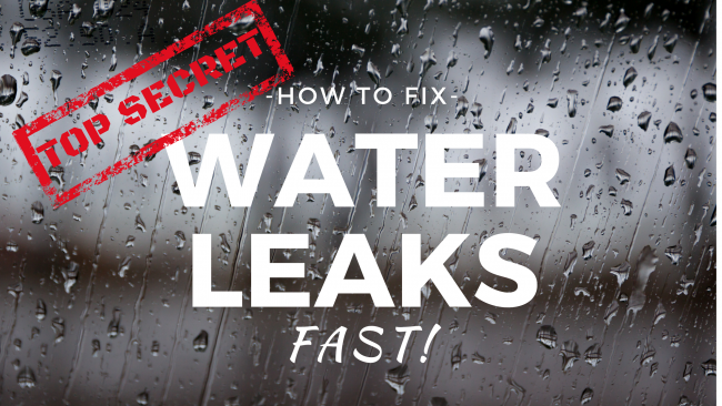 Wet background. Caption says: TOP SECRET: How to fix water leaks FAST!