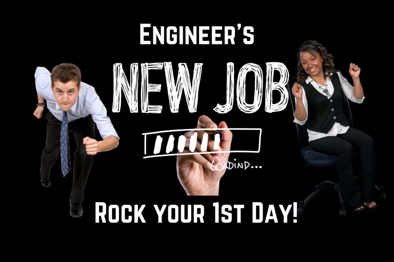 Man in suit looks like he's about to start running in his new job, girl in chair celebrating... captioned "Engineer's New Job... Rock Your First Day!"